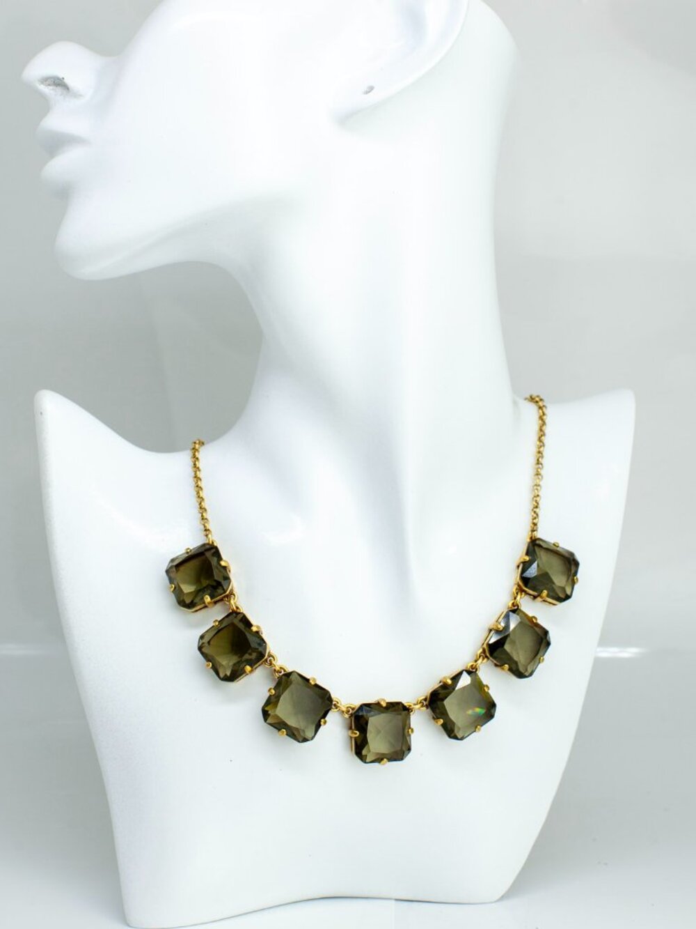 J.Crew Smoky Green Crystal Statement Necklace Gold Tone Faceted Gem 17 Inch NWT